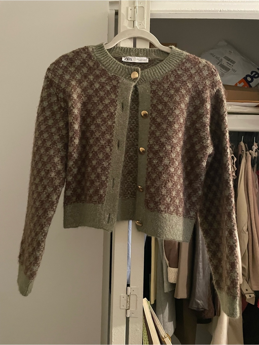 Zara Olive Green & Brown Patterned Knit Cardigan